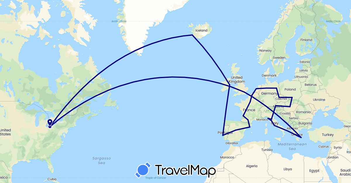 TravelMap itinerary: driving in Austria, Czech Republic, Germany, Spain, France, United Kingdom, Greece, Hungary, Ireland, Iceland, Italy, Netherlands, Poland, Portugal, United States (Europe, North America)
